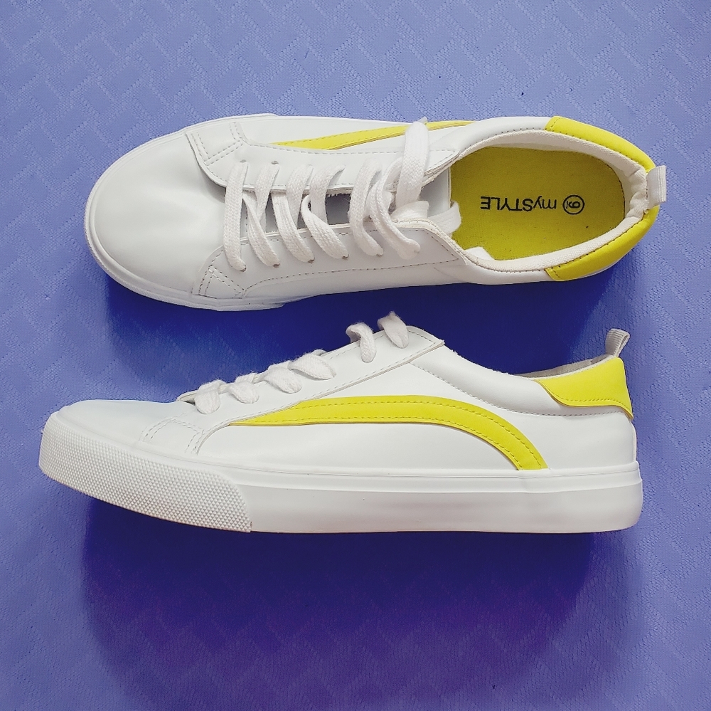 White and Yellow stripe Sneakers- Like New- Size 9